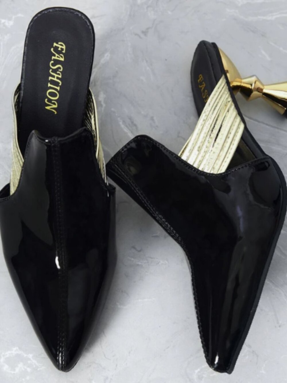 Size 11 Patent Black Pointed Toe Heeled Mules 10.5" in Length Gold Heel Accents